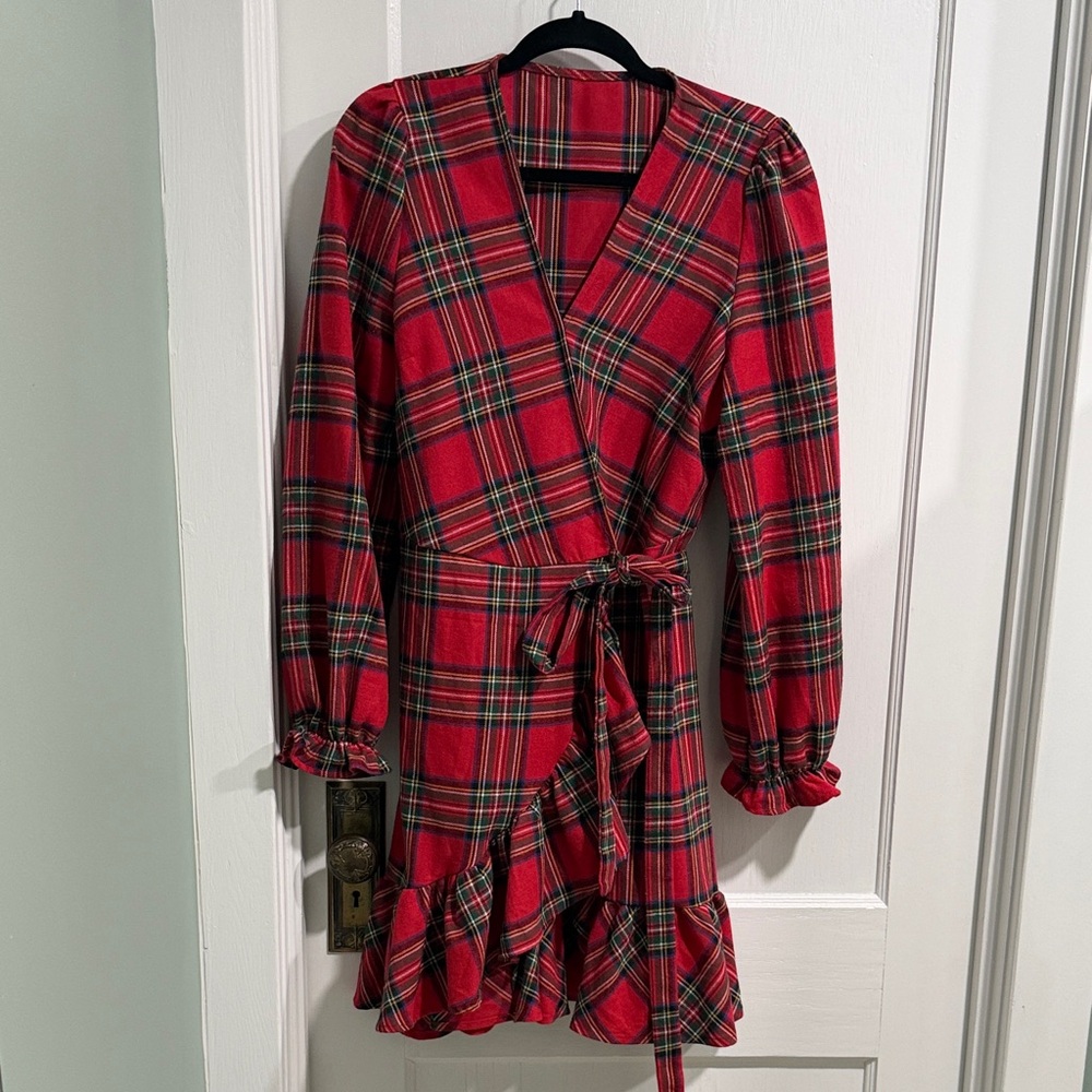 Plaid Wrap Dress in Red, Black and Green - Picture 1 of 4
